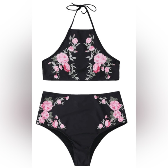 NWT Cupshe Black Floral High Waisted Bikini Size Small. - Picture 1 of 13